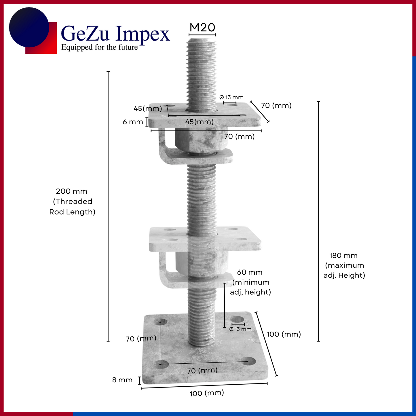 M20 nut size, adjustable in height upto 200 mm, 70 x 70 mm / Zinc Flake