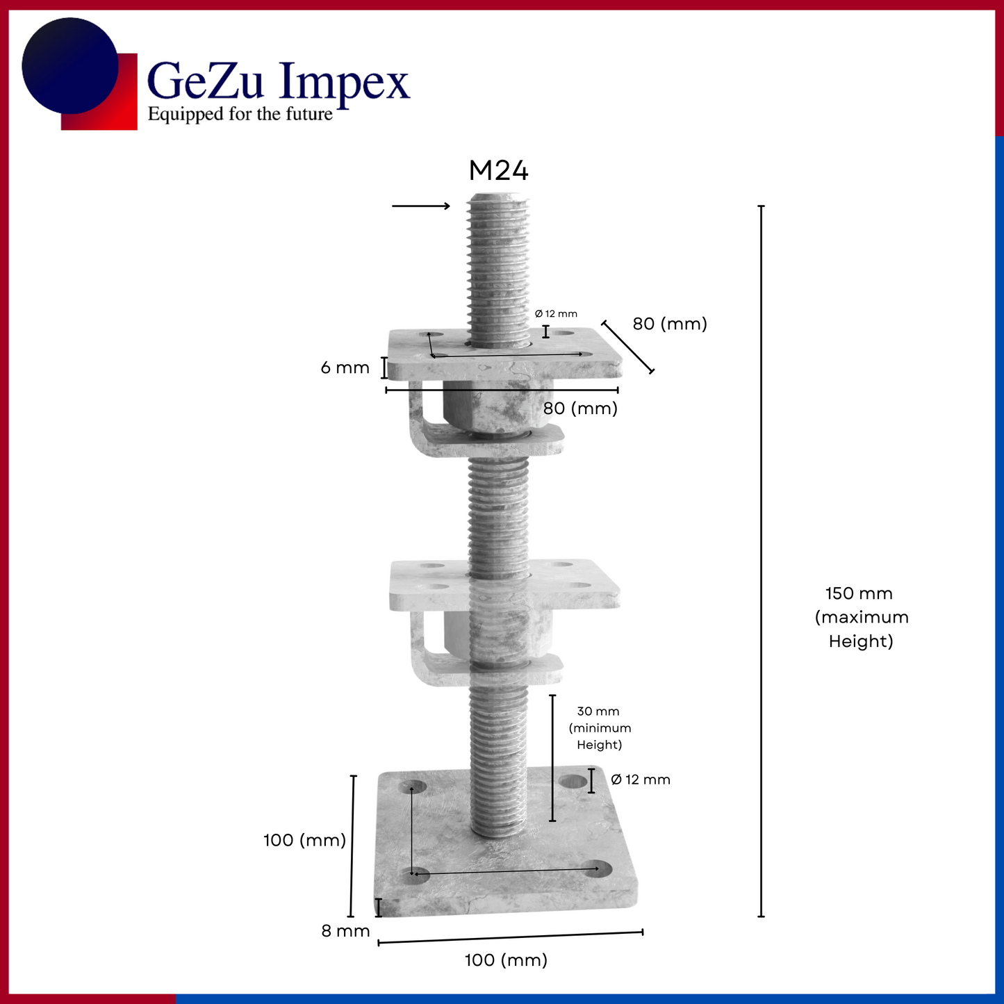 M24, adjustable in height upto 150 mm, 80 x 80 mm / Zinc Flake