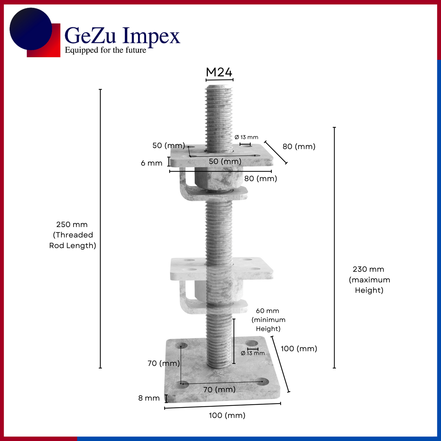 M24, adjustable in height up to 250 mm, 80 x 80 mm / Zinc Flake