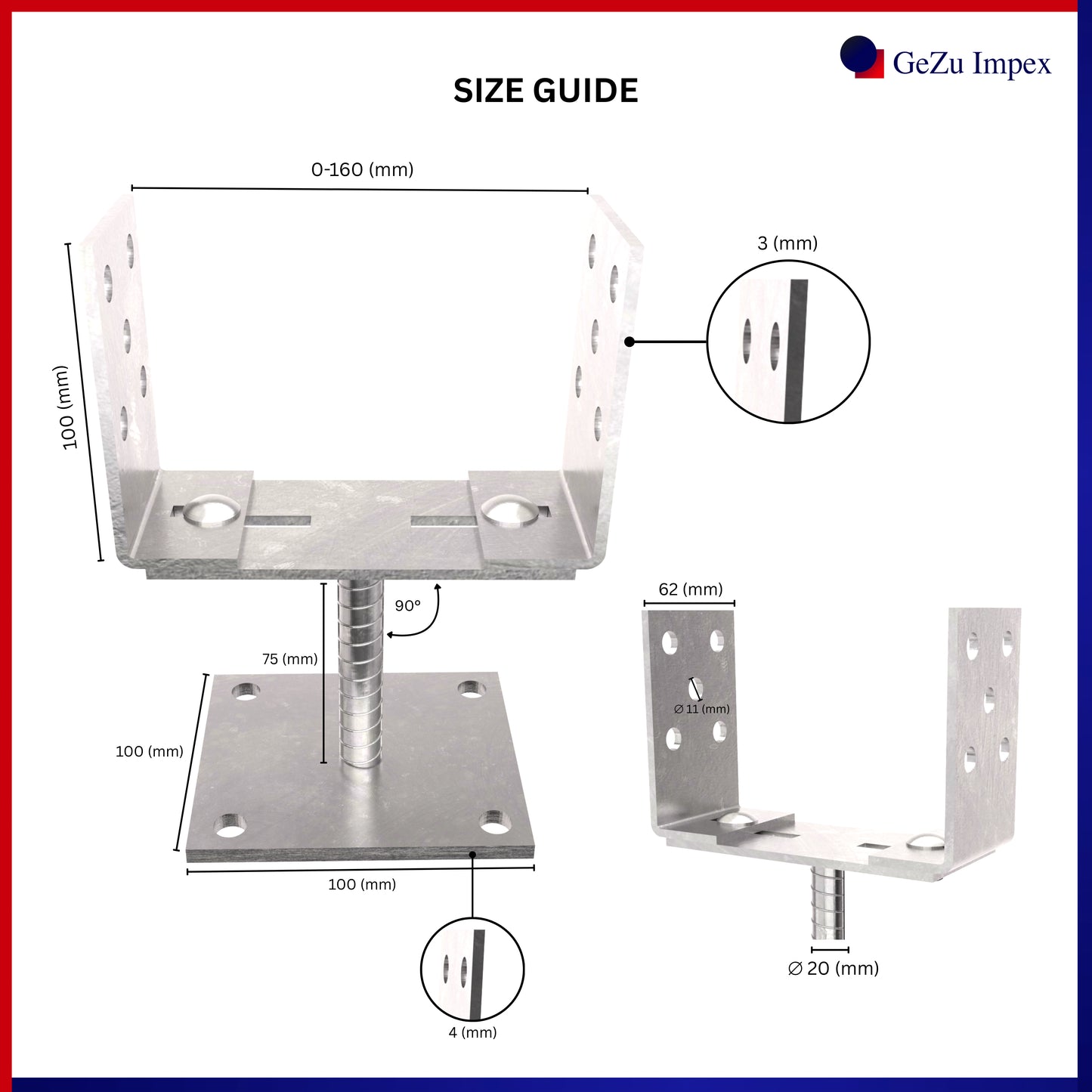 Adjustable Width U Post Support with Plate 100x100mm Electroplated Zinc Coated